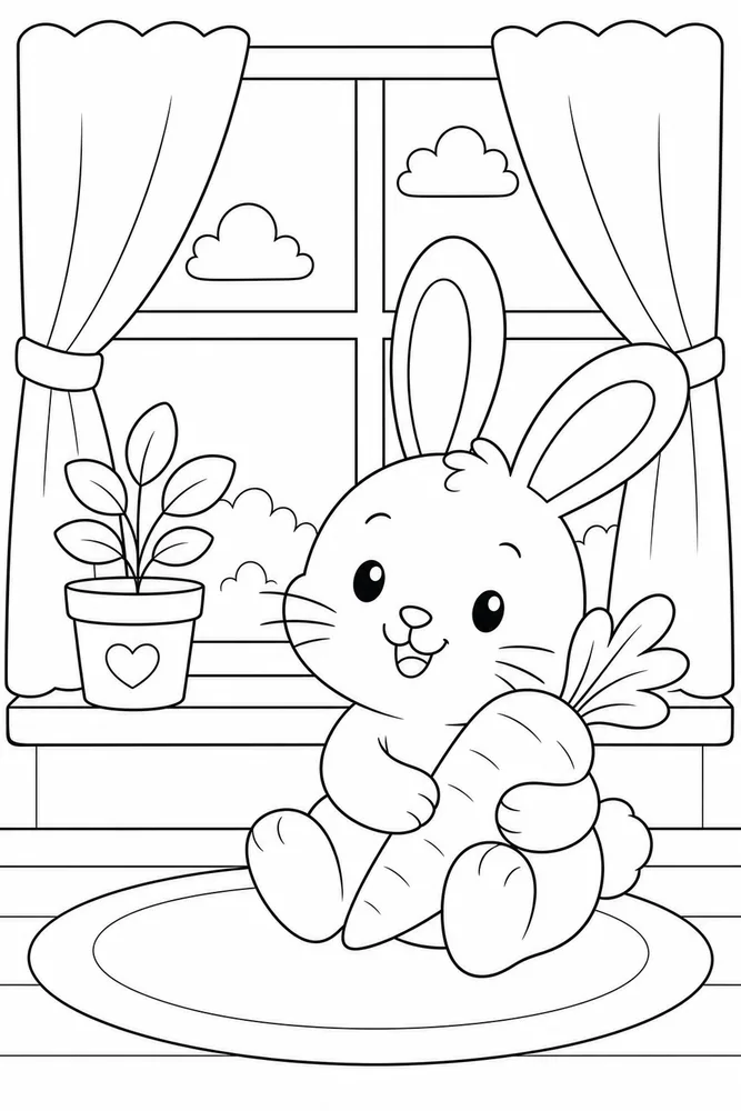 Bunny with Carrot Coloring Pages preview: Bunny With Carrot Bunny With Carrot Cozy Window coloring page