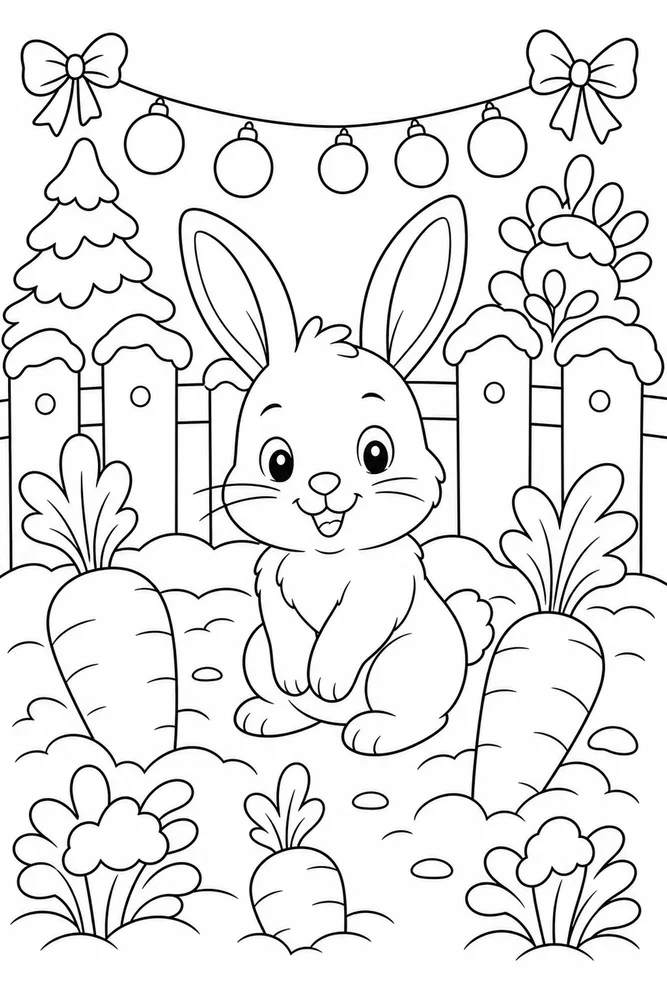 Christmas Bunny Coloring Pages preview: Christmas Bunny Christmas Bunny Garden With Carrots coloring page