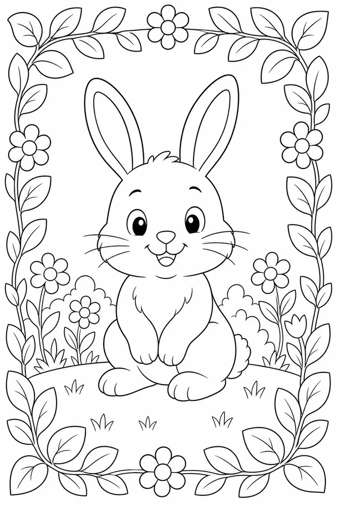 Easy Bunny Coloring Pages preview: Easy Bunny Easy Bunny Leafy Border coloring page