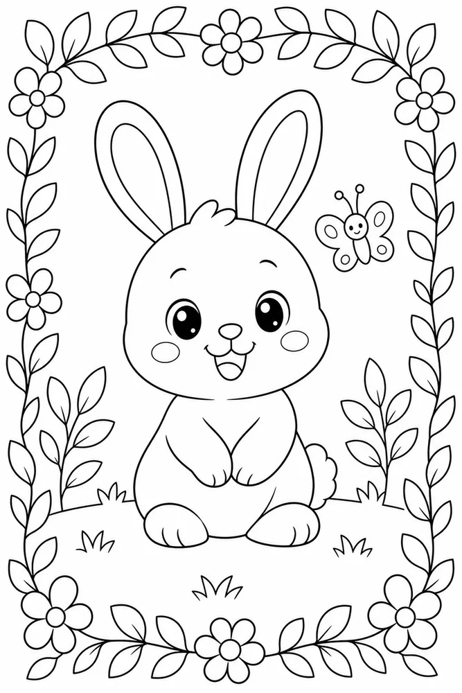 Kawaii Bunny Coloring Pages preview: Kawaii Bunny Kawaii Bunny Leafy Border coloring page