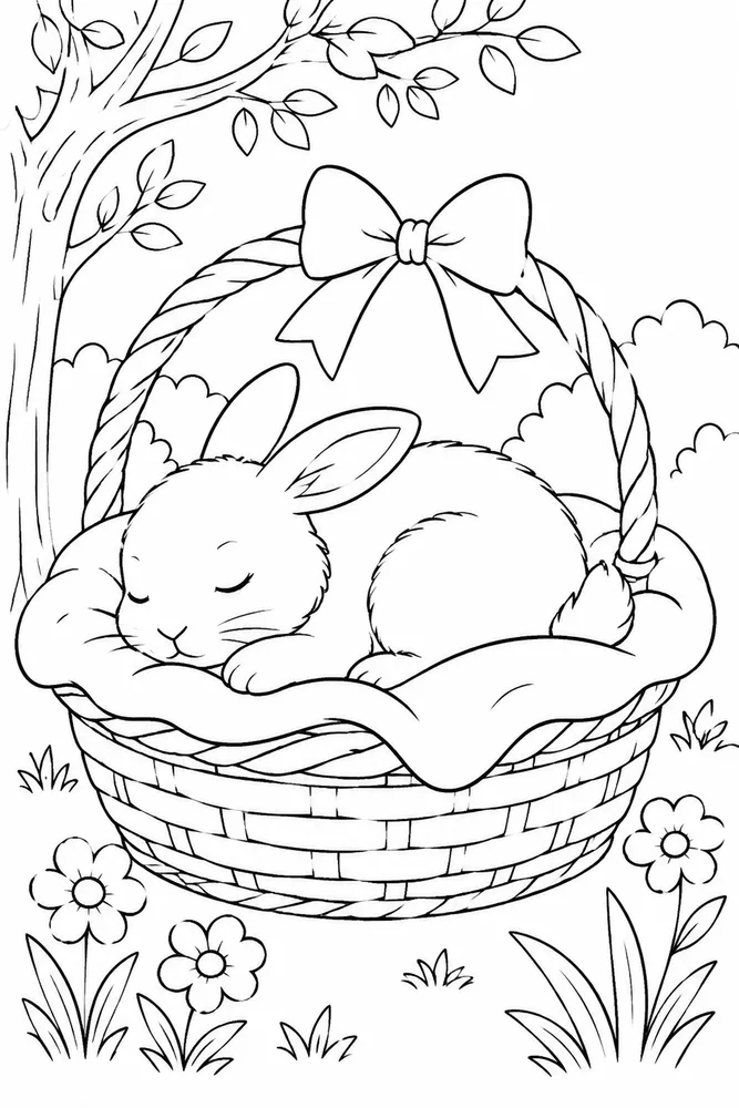 Realistic Bunny Realistic Bunny Basket Nap coloring page