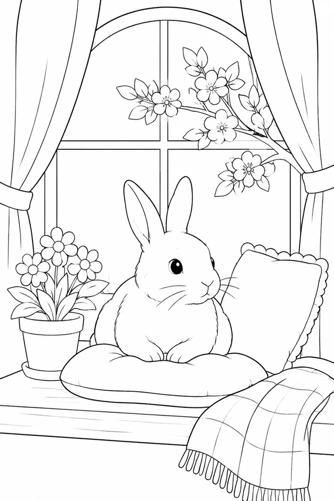 Realistic Bunny Coloring Pages preview: Realistic Bunny Realistic Bunny Cozy Window coloring page