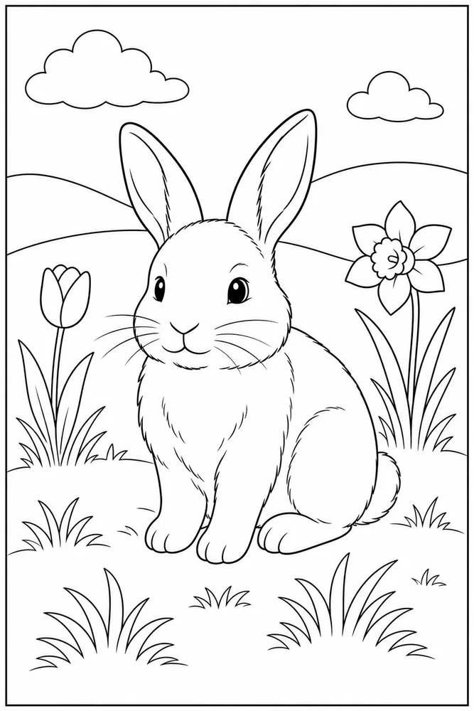 Realistic Bunny Realistic Bunny Spring Field coloring page