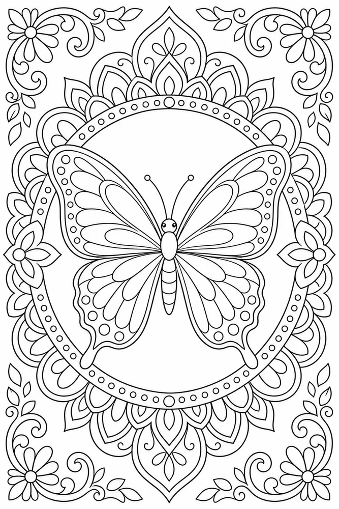 Adult Butterfly Balanced Mandala Frame coloring page