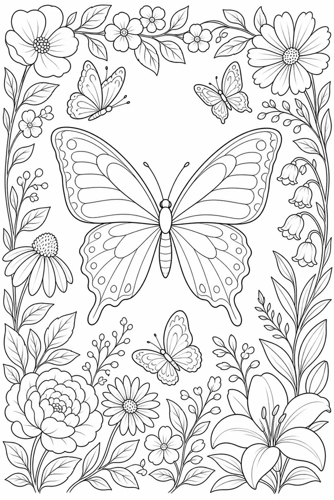 Adult Butterfly Detailed Garden Frame coloring page