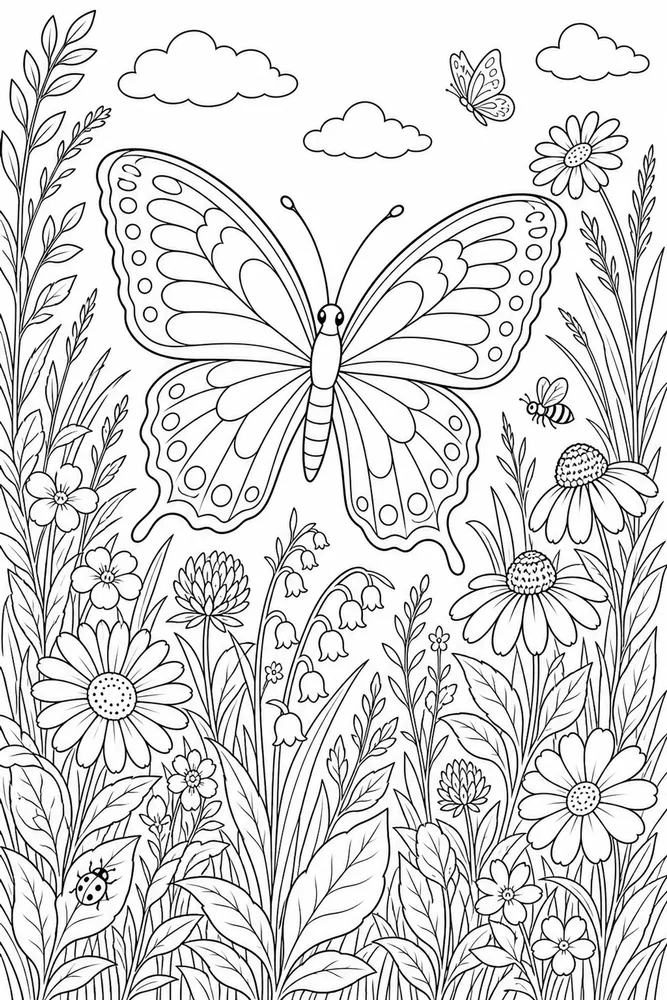 Adult Butterfly Detailed Meadow coloring page