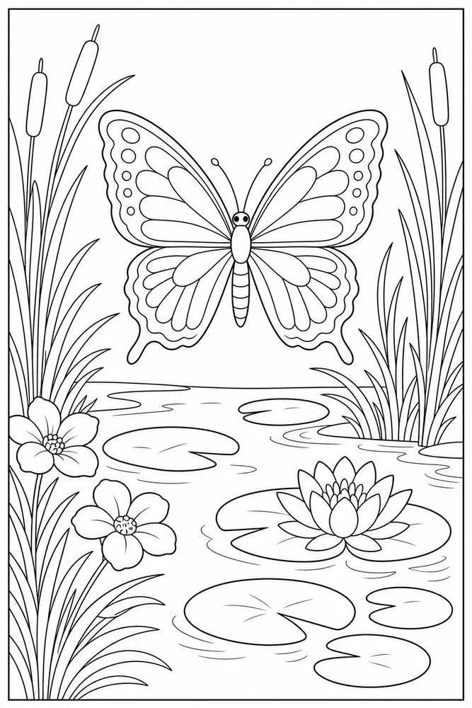 Adult Butterfly Quiet Pond coloring page