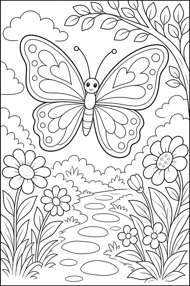 Beautiful Butterfly Soft Garden Path coloring page