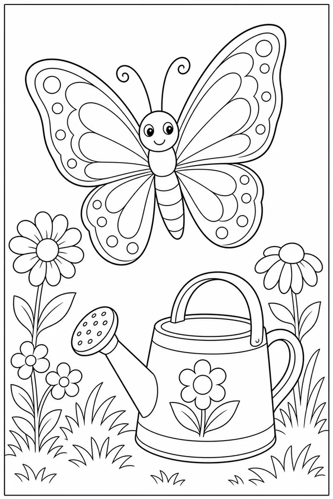 Butterfly Butterfly Near Watering Can coloring page