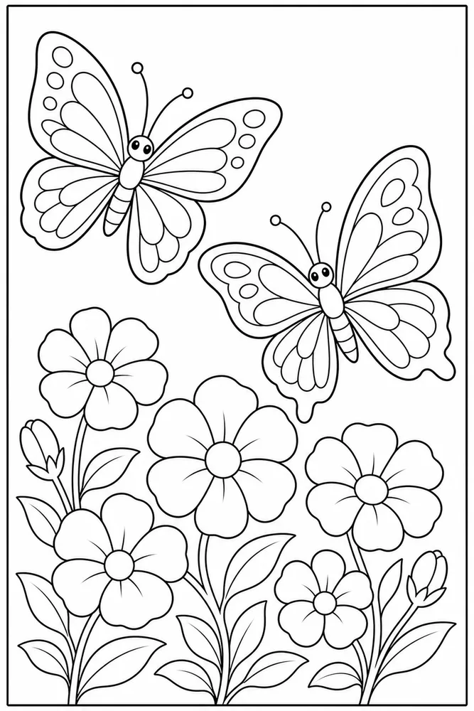 Butterfly Butterfly Pair Above Blossoms coloring page