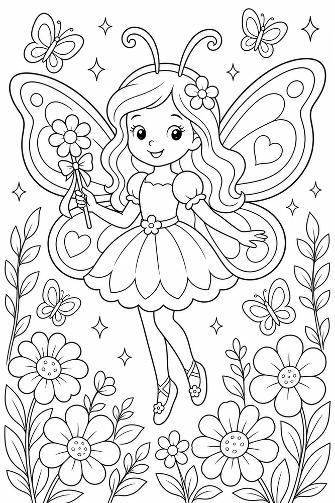 Butterfly Fairy Flower Wand Without Text coloring page