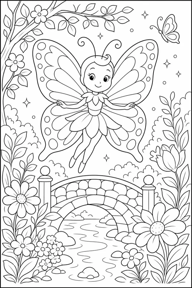 Butterfly Fairy Garden Bridge coloring page