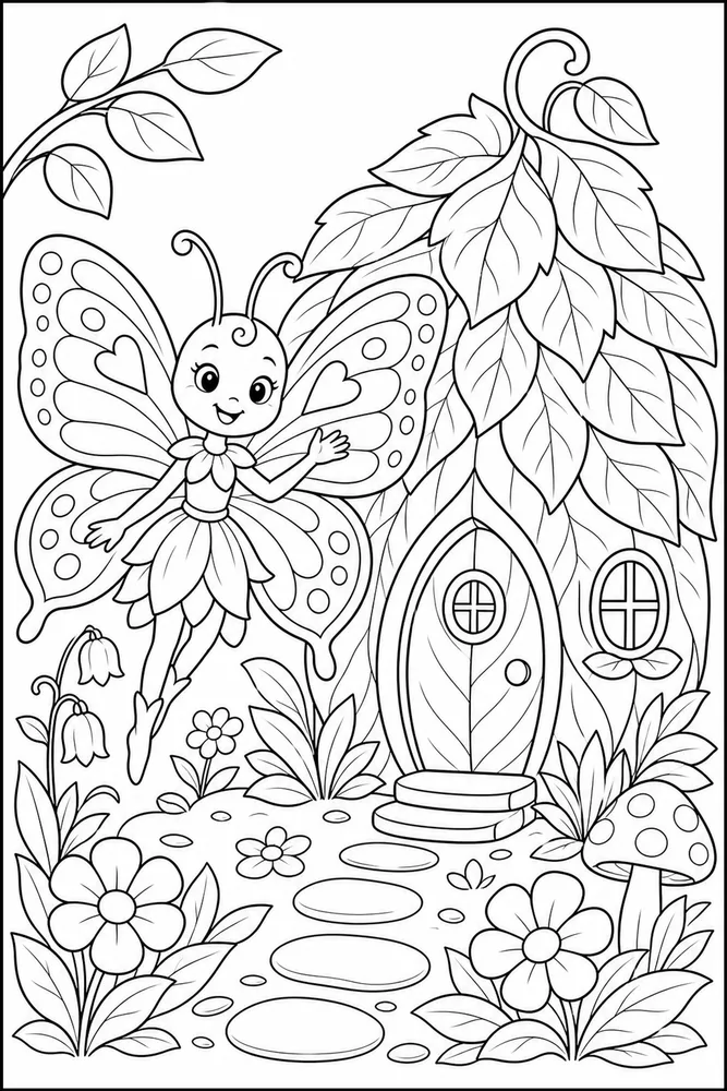Butterfly Fairy Leaf House coloring page