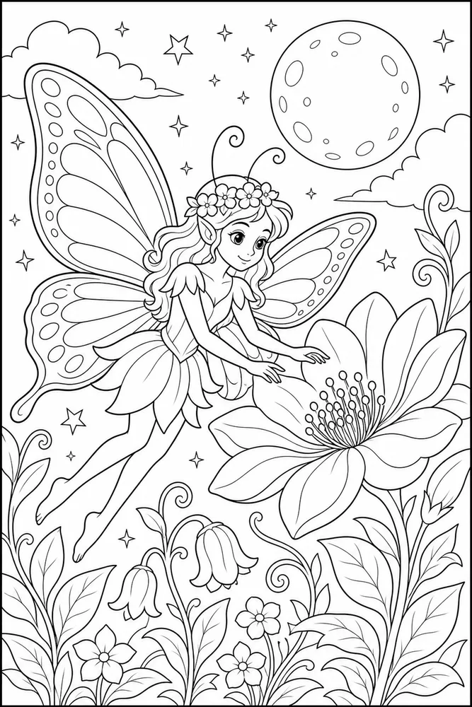 Butterfly Fairy Moonlit Flower coloring page