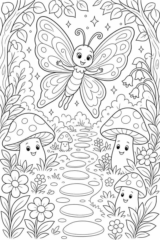 Butterfly Fairy Mushroom Path coloring page