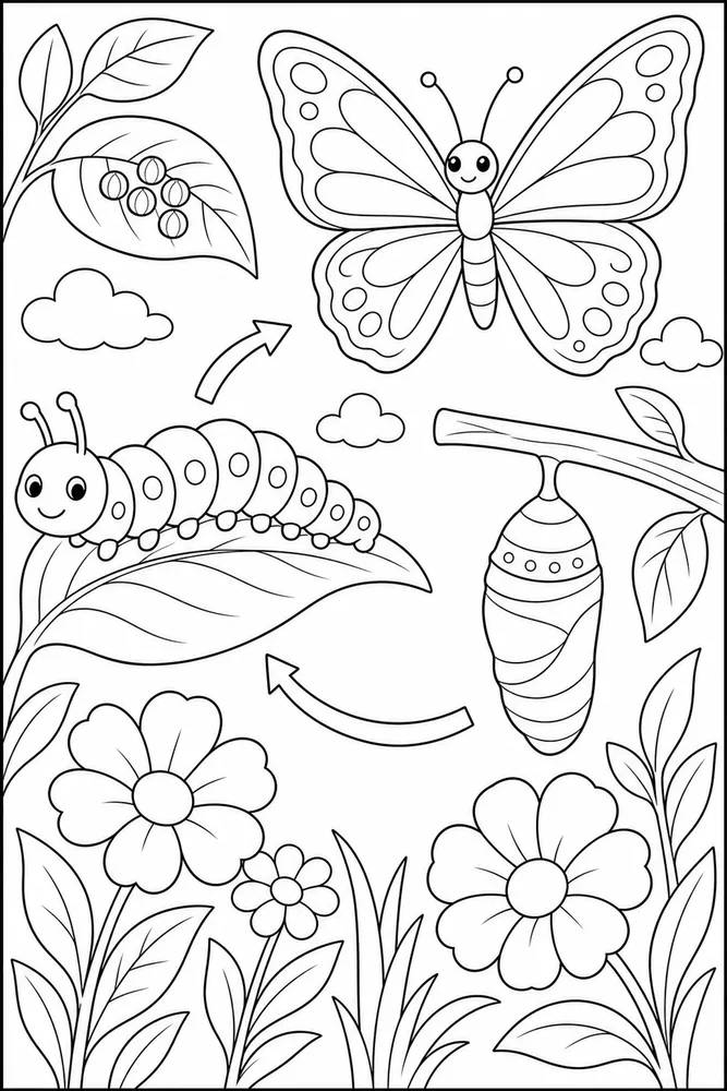 Butterfly Life Cycle Caterpillar Leaf coloring page
