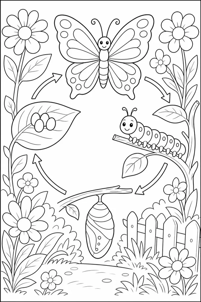 Butterfly Life Cycle Garden Cycle Path coloring page