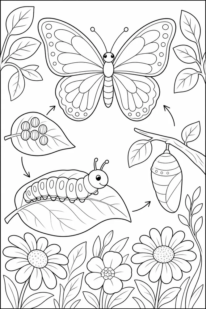 Butterfly Life Cycle Leaf Closeup coloring page