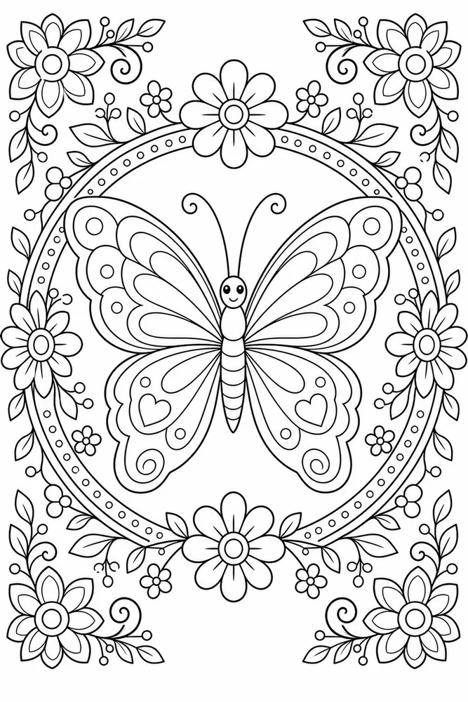 Butterfly Mandala Circular Floral Frame coloring page