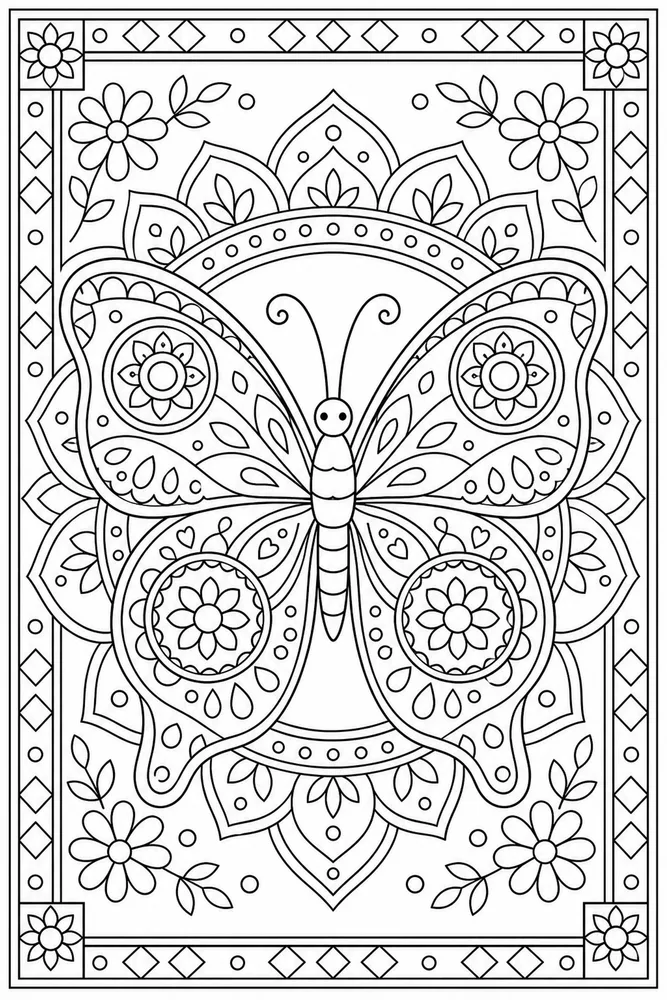 Butterfly Mandala Geometric Border coloring page