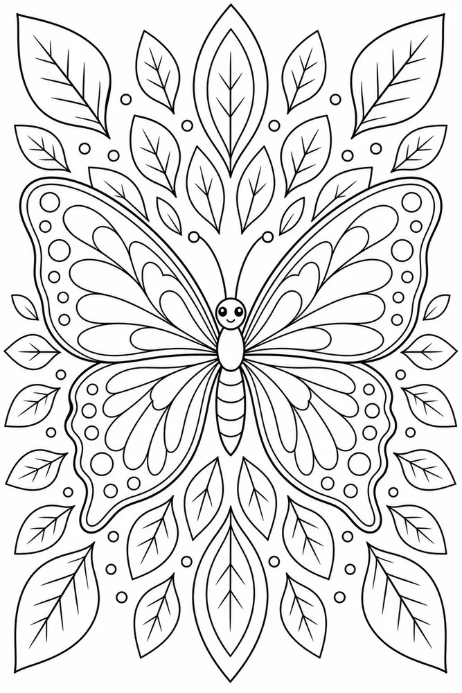 Butterfly Mandala Radial Leaf Pattern coloring page