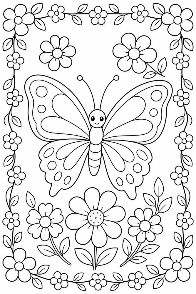 Butterfly With Flowers Blossom Border coloring page