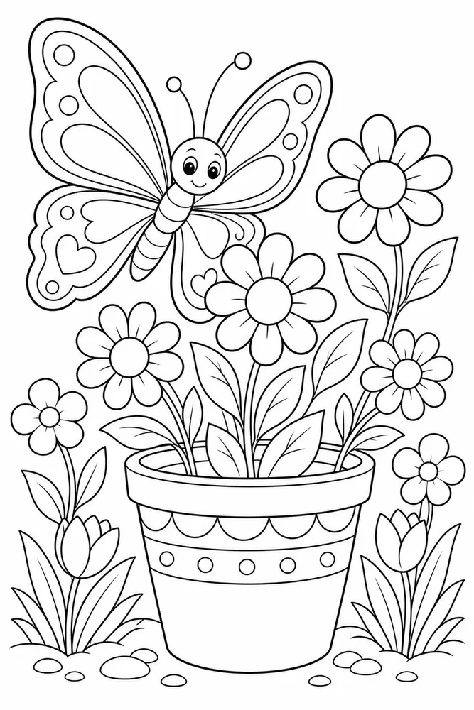 Butterfly With Flowers Flower Pot Visit coloring page