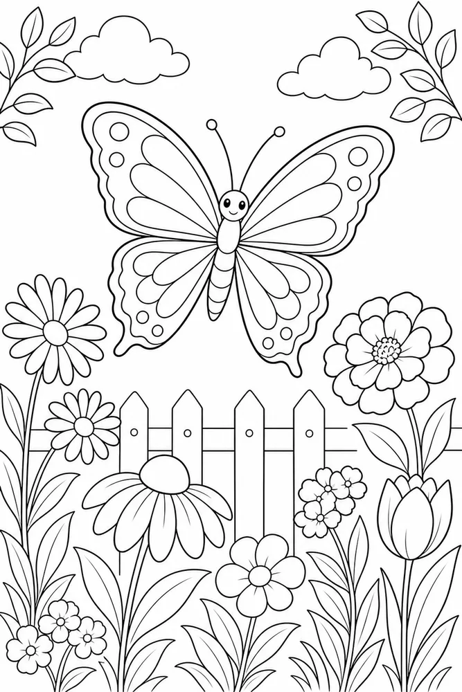 Butterfly With Flowers Garden Fence coloring page