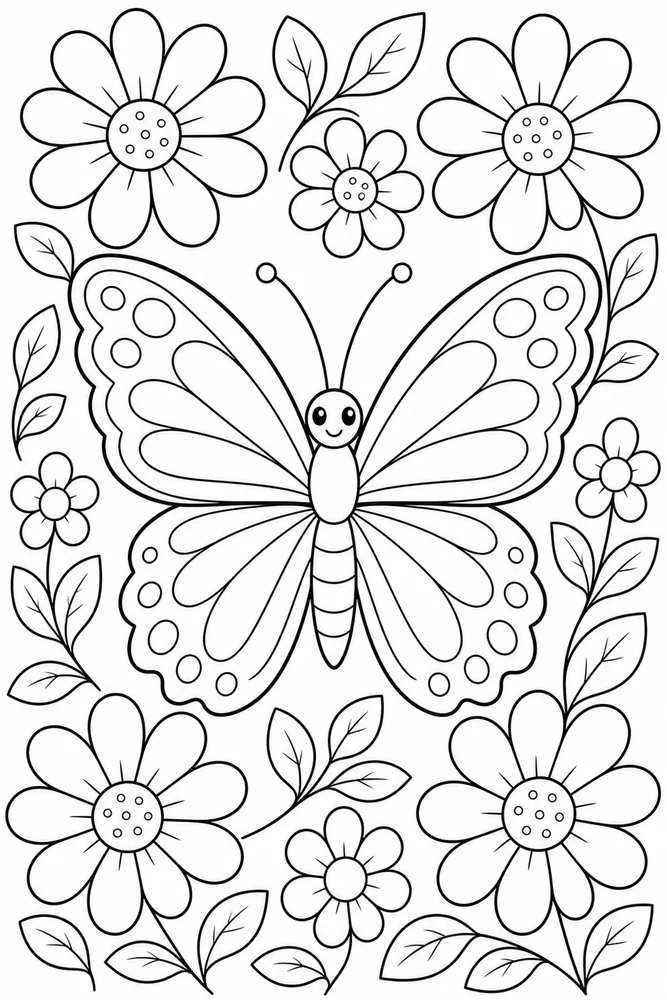 Butterfly With Flowers Large Petals coloring page