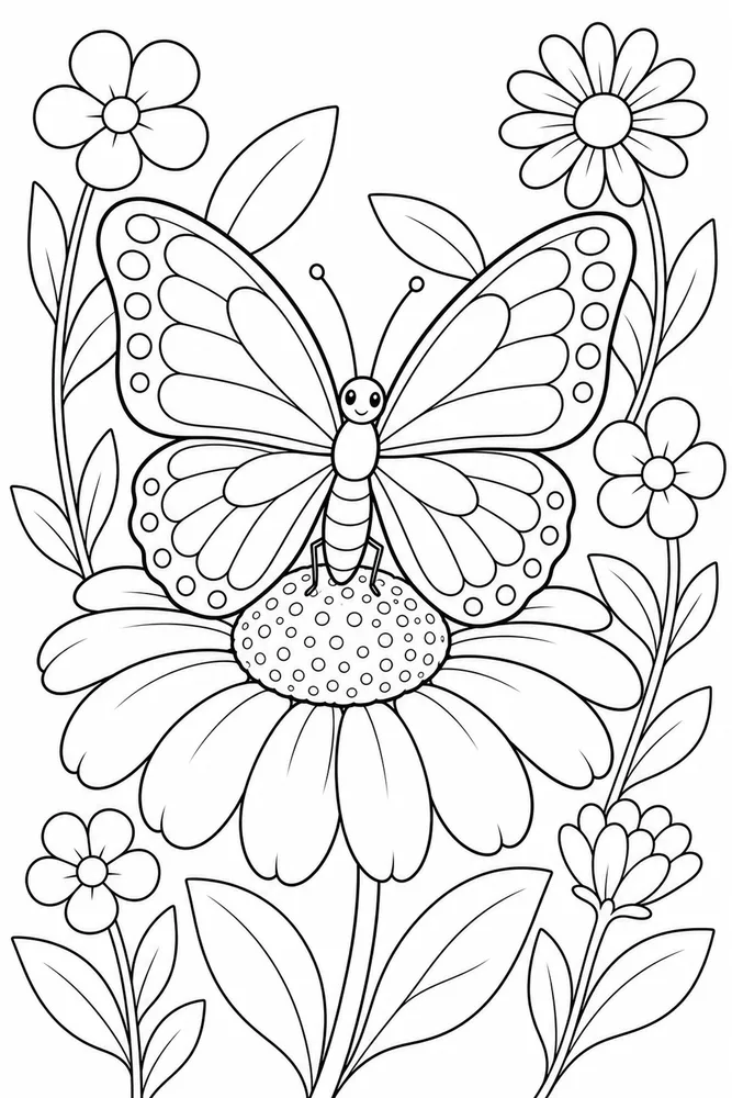 Butterfly With Flowers On Daisy Bloom coloring page