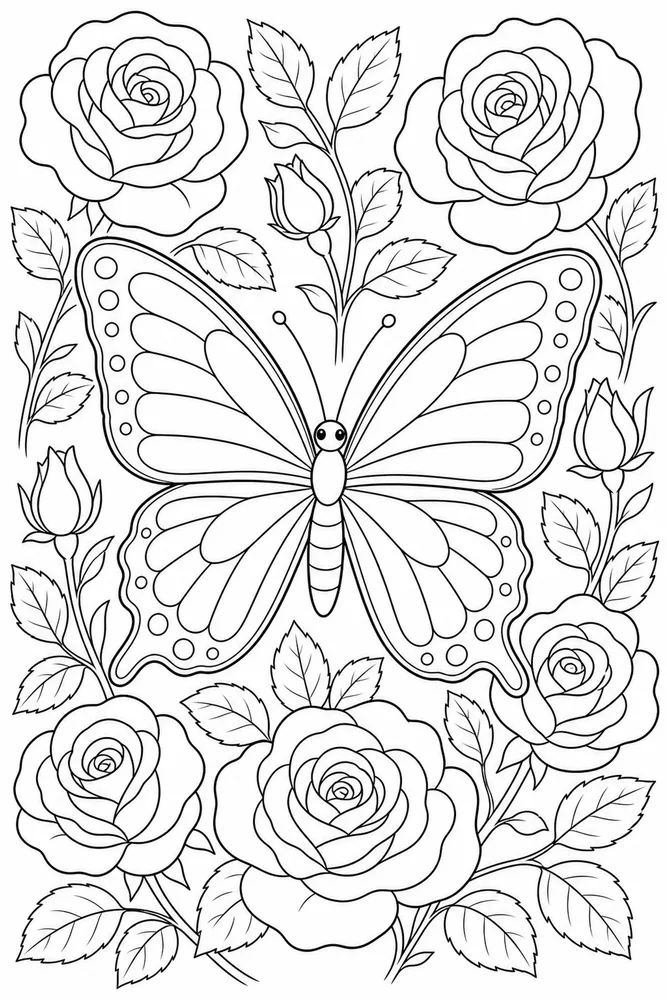 Butterfly With Flowers Rose Garden Rest coloring page