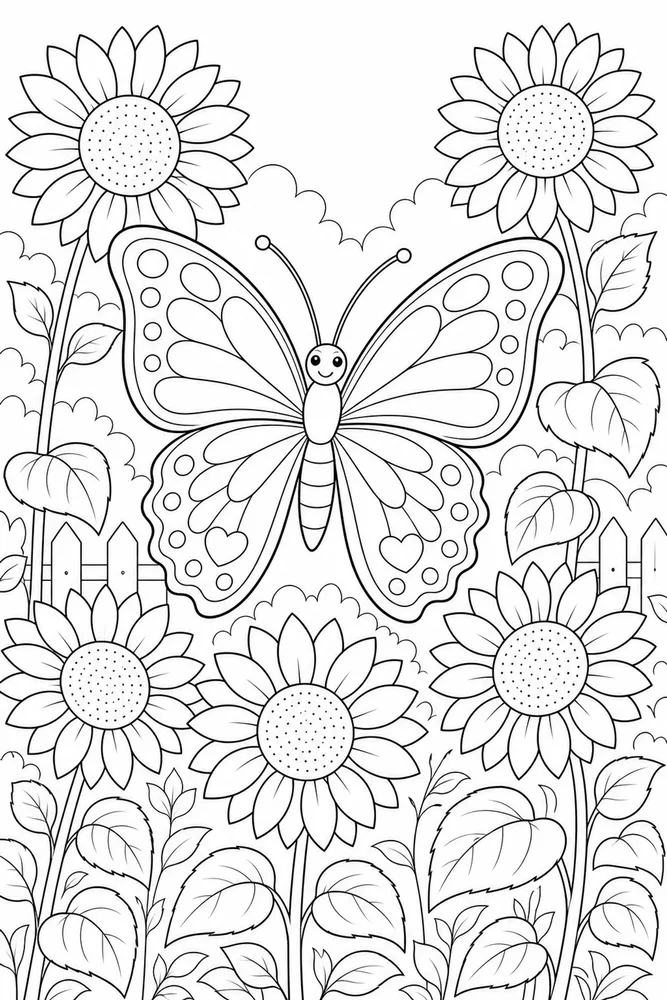 Butterfly With Flowers Sunflower Patch coloring page