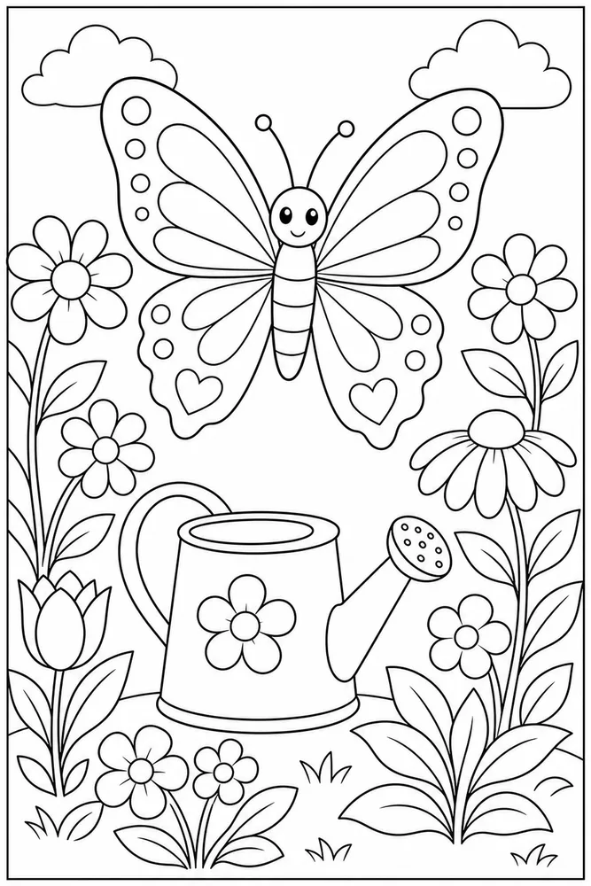 Butterfly With Flowers Watering Can coloring page