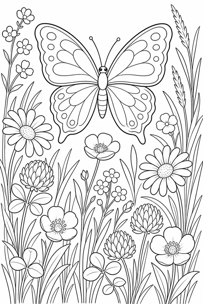 Butterfly With Flowers Wildflower Meadow coloring page