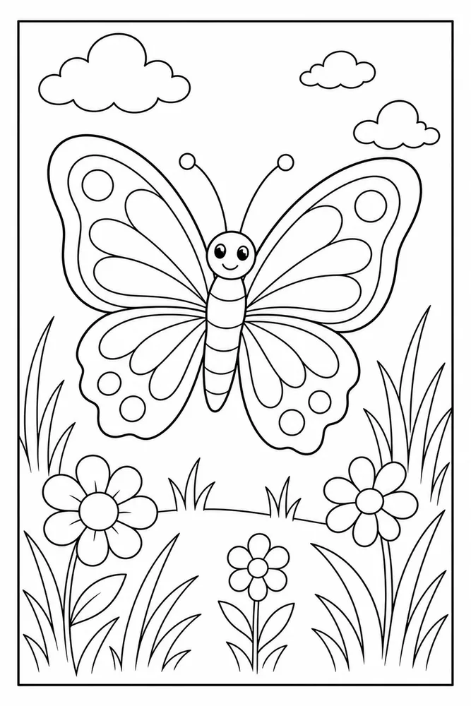 Easy Butterfly Simple Meadow coloring page