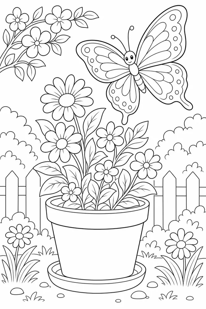 Garden Butterfly Flower Pot coloring page