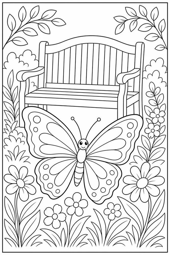 Garden Butterfly Garden Bench coloring page