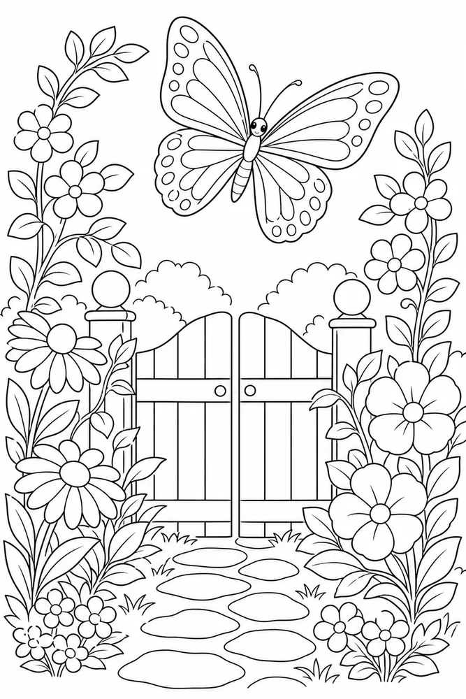 Garden Butterfly Garden Gate coloring page