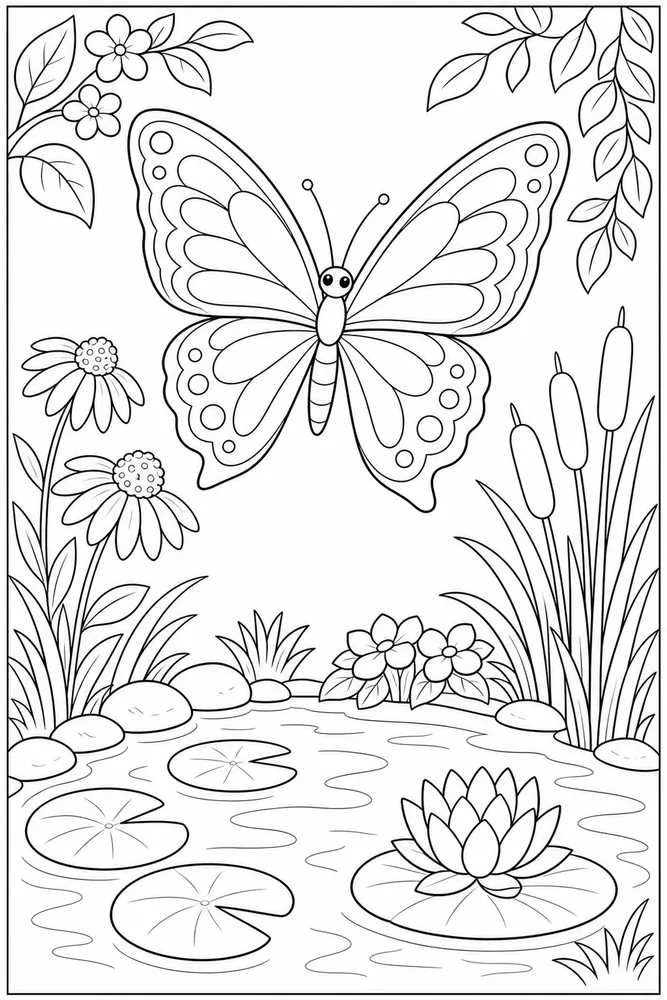 Garden Butterfly Pond Corner coloring page