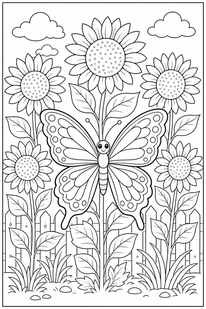 Garden Butterfly Sunflower Row coloring page