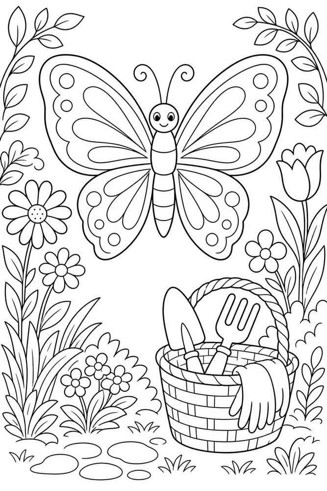Garden Butterfly Tool Basket coloring page