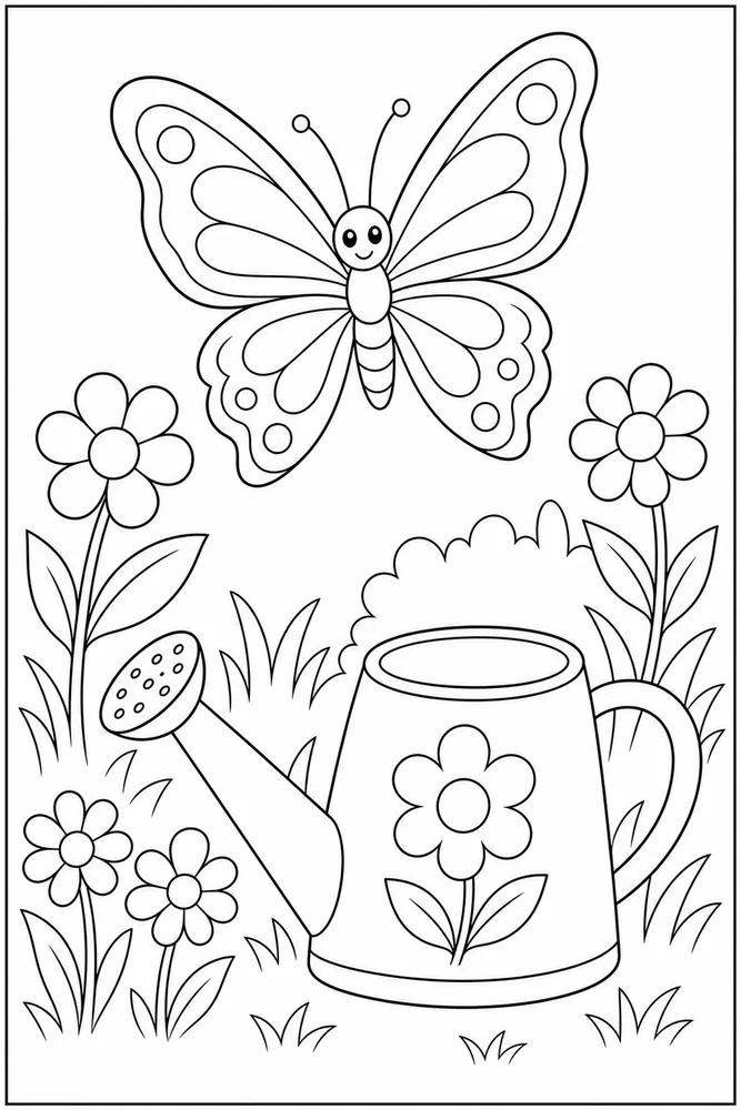 Garden Butterfly Watering Can coloring page