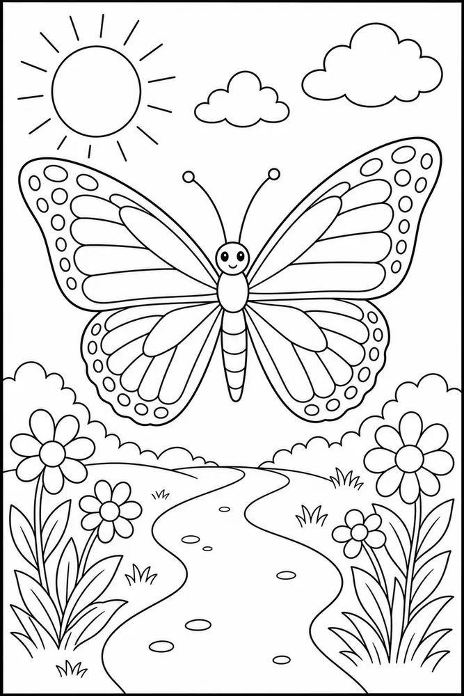 Monarch Butterfly Sunny Path coloring page