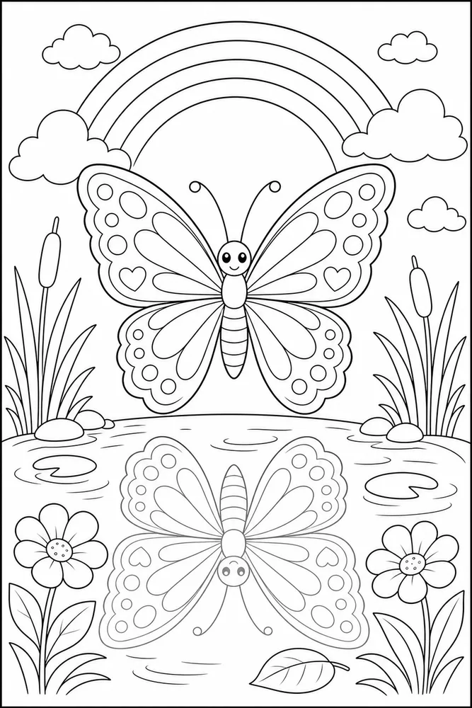 Rainbow Butterfly Pond Reflection coloring page