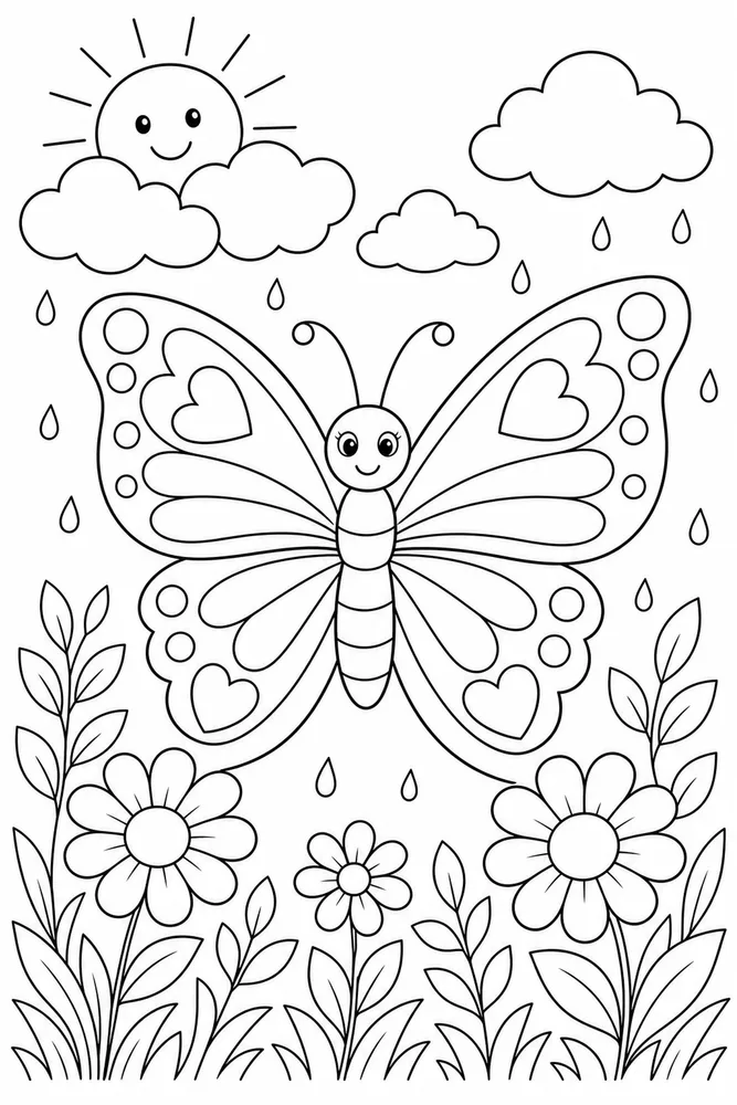 Rainbow Butterfly Sun Shower coloring page