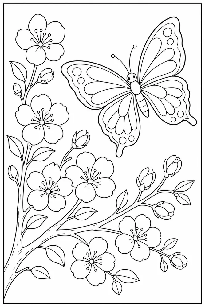 Spring Butterfly Blossom Branch coloring page