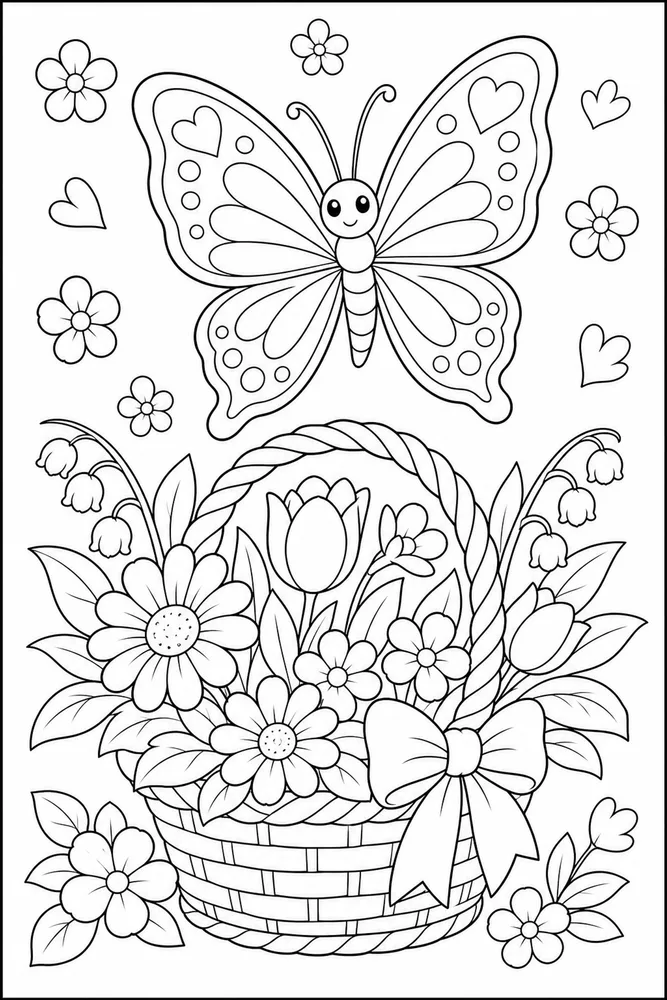 Spring Butterfly Flower Basket coloring page
