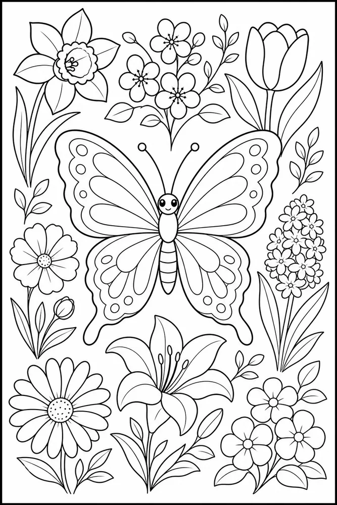 Spring Butterfly New Flowers coloring page