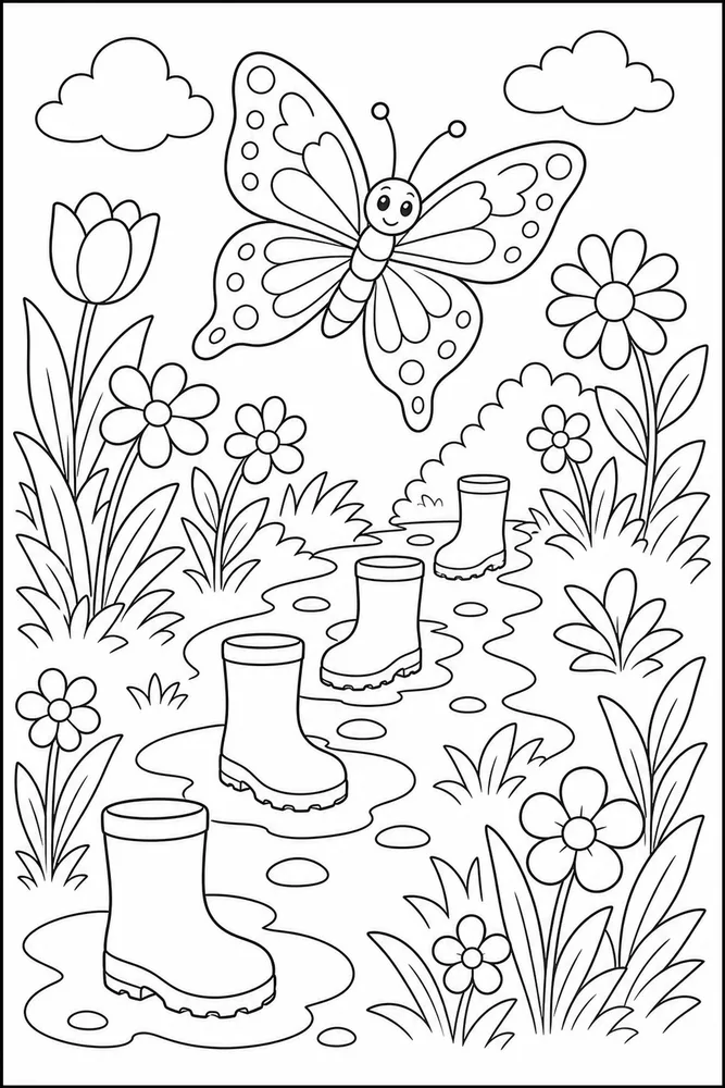 Spring Butterfly Rain Boot Path coloring page