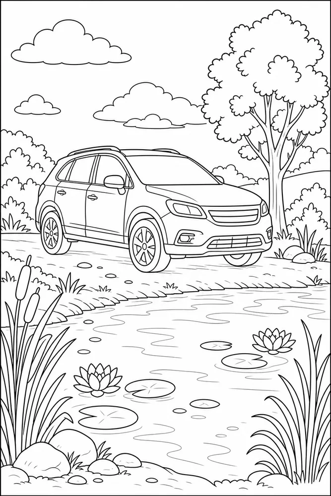Adult Car Quiet Pond printable coloring page preview with clean line art.